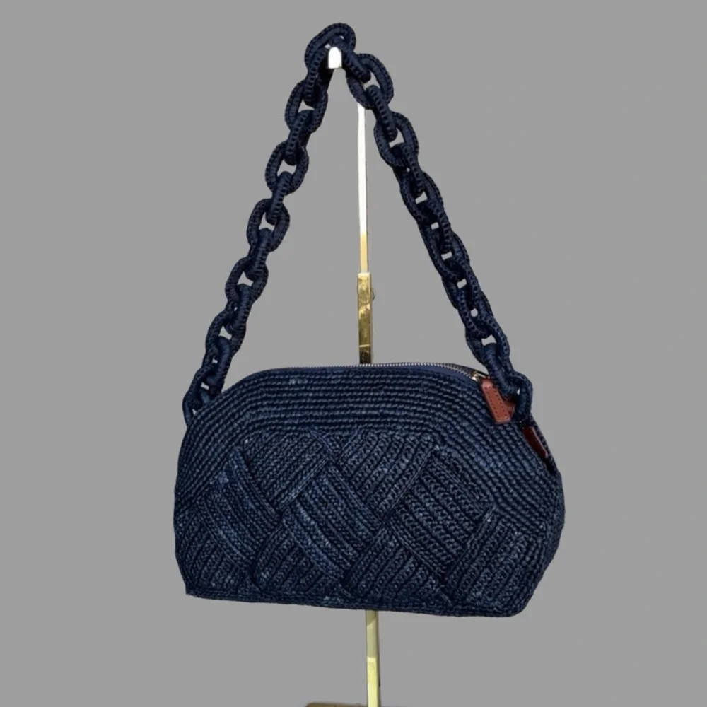 SEZANE Navy Blue Woven Braided Raffia Shoulder Bag Chain Link Strap Isabelle Bag - Picture 5 of 14